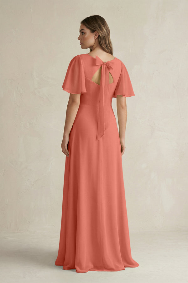 Flutter Sleeve V-Neck A-Line Chiffon Bridesmaid Dress in Wild Rose