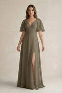Flutter Sleeve V-Neck A-Line Chiffon Bridesmaid Dress in Willow Green
