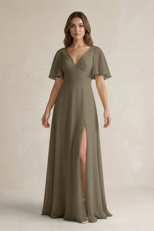 Flutter Sleeve V-Neck A-Line Chiffon Bridesmaid Dress in Willow Green