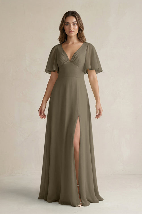 Flutter Sleeve V-Neck A-Line Chiffon Bridesmaid Dress in Willow Green