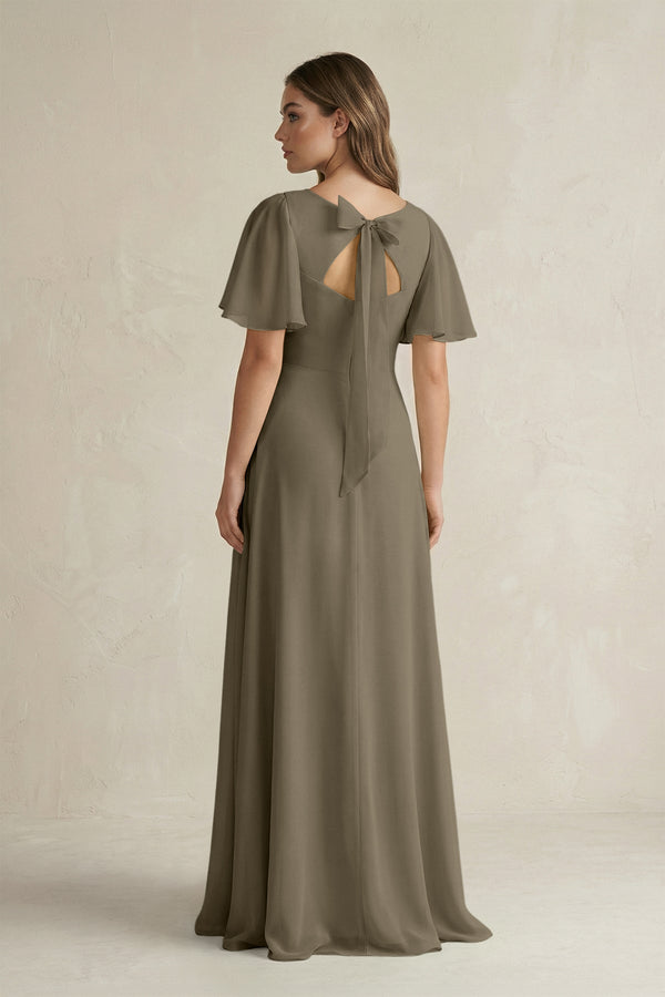 Flutter Sleeve V-Neck A-Line Chiffon Bridesmaid Dress in Willow Green