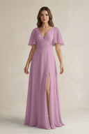 Flutter Sleeve V-Neck A-Line Chiffon Bridesmaid Dress in Wisteria