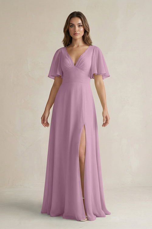 Flutter Sleeve V-Neck A-Line Chiffon Bridesmaid Dress in Wisteria