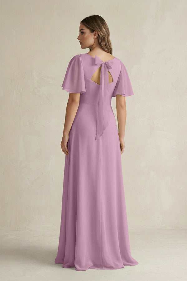 Flutter Sleeve V-Neck A-Line Chiffon Bridesmaid Dress in Wisteria