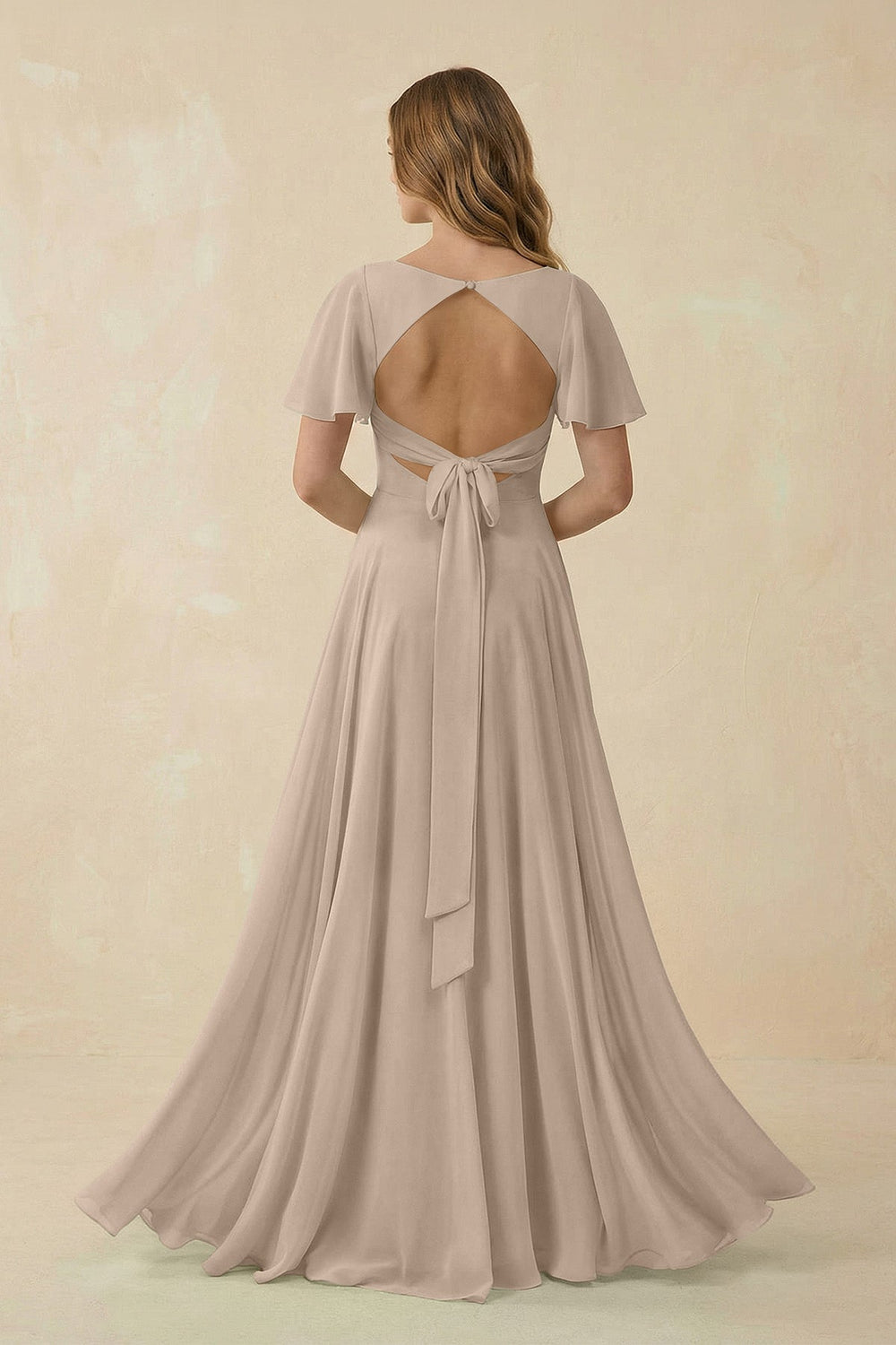 Flutter Sleeve V - Neck Chiffon A - Line Bridesmaid Dress in Almond - KissProm Bridesmaid Dresses