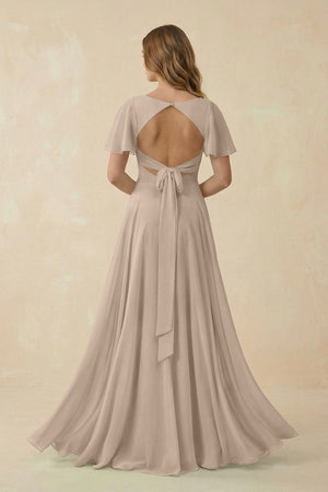 Flutter Sleeve V - Neck Chiffon A - Line Bridesmaid Dress in Almond - KissProm Bridesmaid Dresses