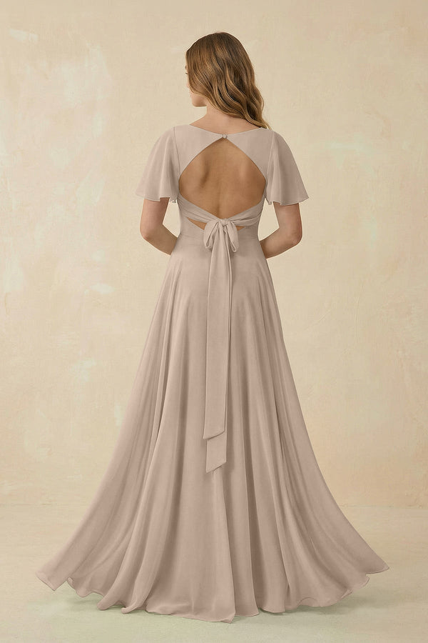 Flutter Sleeve V - Neck Chiffon A - Line Bridesmaid Dress in Almond - KissProm Bridesmaid Dresses