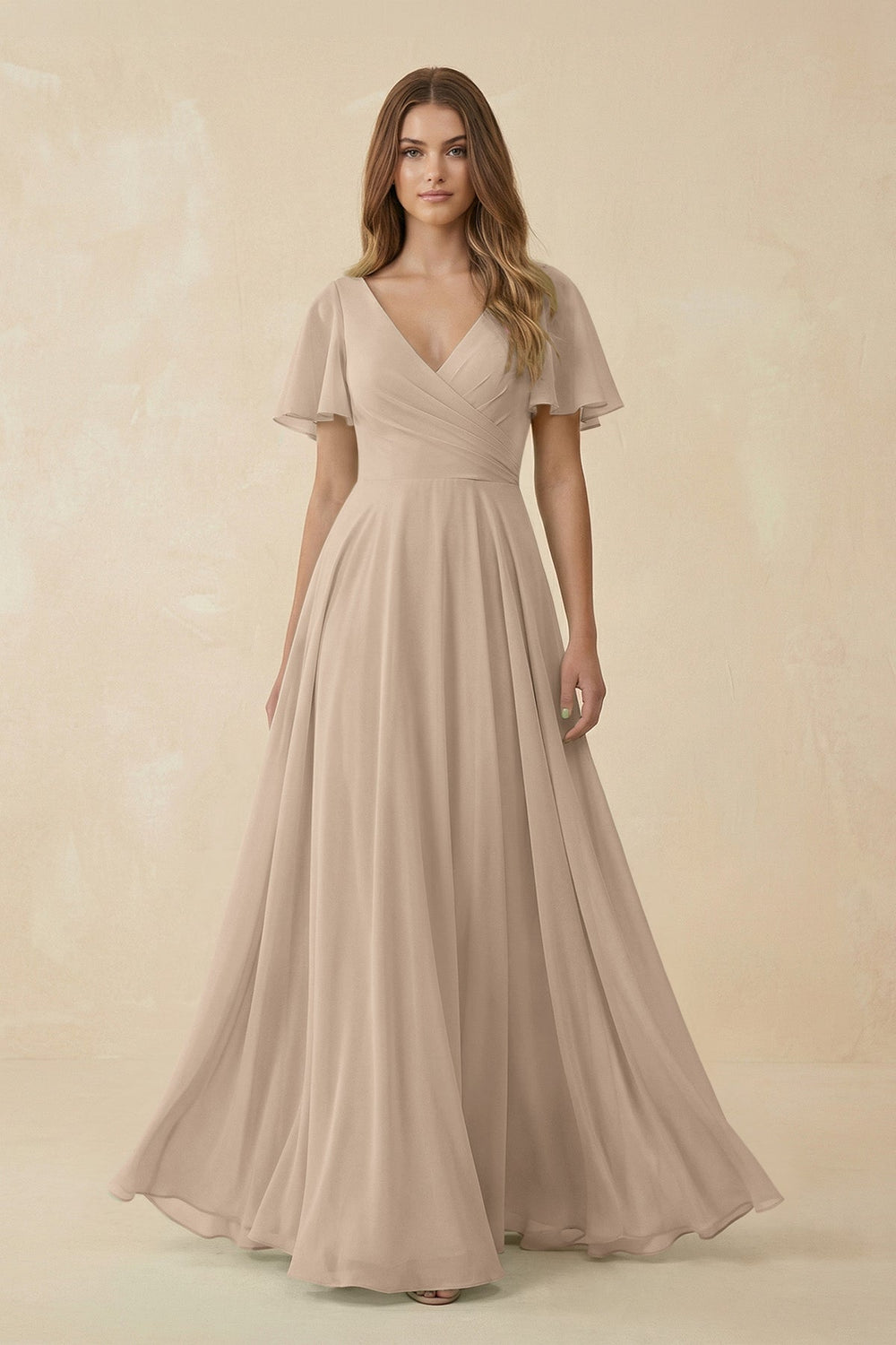 Flutter Sleeve V - Neck Chiffon A - Line Bridesmaid Dress in Almond - KissProm Bridesmaid Dresses