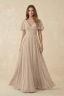 Flutter Sleeve V - Neck Chiffon A - Line Bridesmaid Dress in Almond - KissProm Bridesmaid Dresses