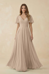 Flutter Sleeve V - Neck Chiffon A - Line Bridesmaid Dress in Almond - KissProm Bridesmaid Dresses