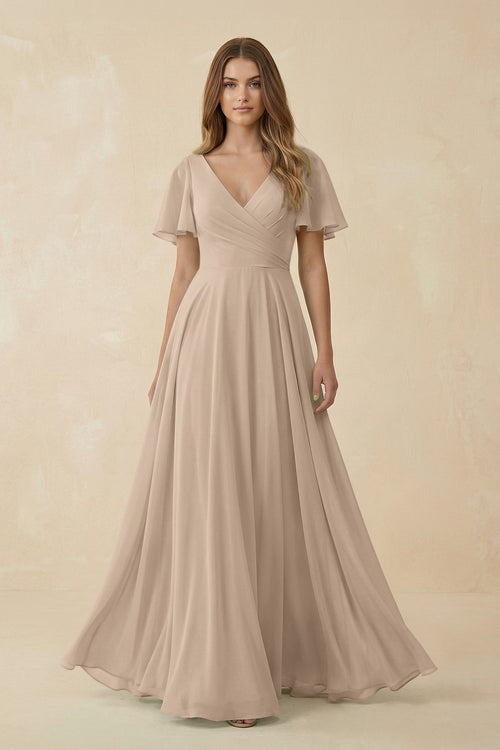 Flutter Sleeve V-Neck Chiffon A-Line Bridesmaid Dress in Almond, Almond / 20