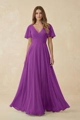 Flutter Sleeve V - Neck Chiffon A - Line Bridesmaid Dress in Amethyst - KissProm Bridesmaid Dresses