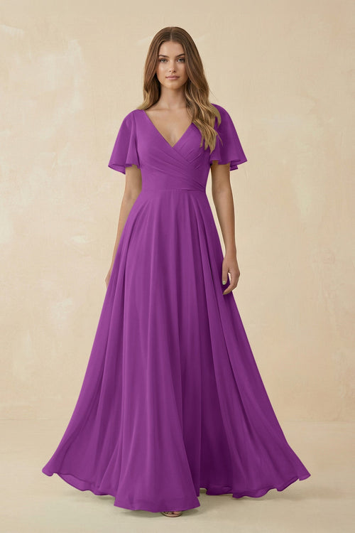 Flutter Sleeve V - Neck Chiffon A - Line Bridesmaid Dress in Amethyst - KissProm Bridesmaid Dresses