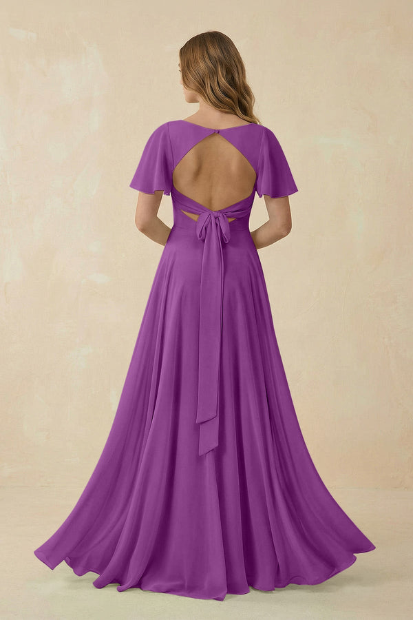 KissProm Flutter Sleeve V-Neck Chiffon A-Line Bridesmaid Dress in Amethyst, Amethyst / 18