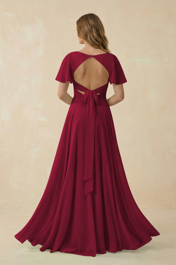 KissProm Flutter Sleeve V-Neck Chiffon A-Line Bridesmaid Dress in Berry, Berry / 26