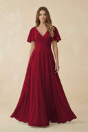 Flutter Sleeve V - Neck Chiffon A - Line Bridesmaid Dress in Berry - KissProm Bridesmaid Dresses