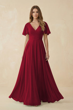 Flutter Sleeve V - Neck Chiffon A - Line Bridesmaid Dress in Berry - KissProm Bridesmaid Dresses