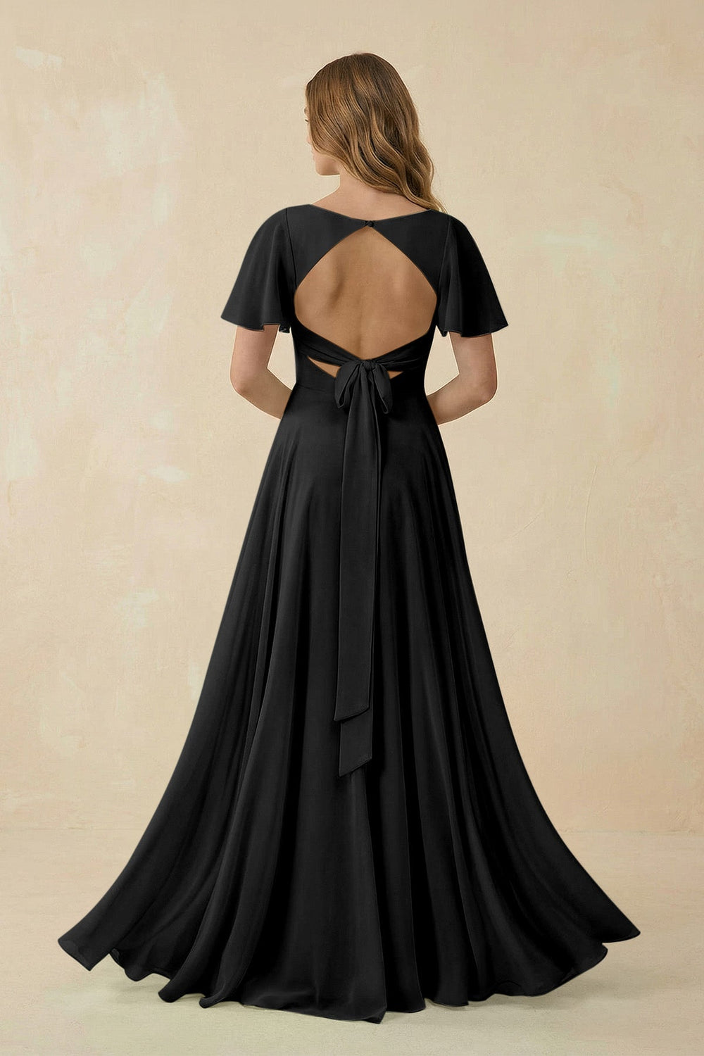 Flutter Sleeve V - Neck Chiffon A - Line Bridesmaid Dress in Black - KissProm Bridesmaid Dresses