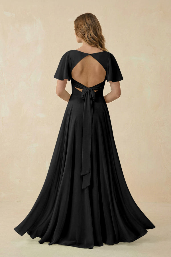 Flutter Sleeve V-Neck Chiffon A-Line Bridesmaid Dress in Black, Black / Custom Size( Free )