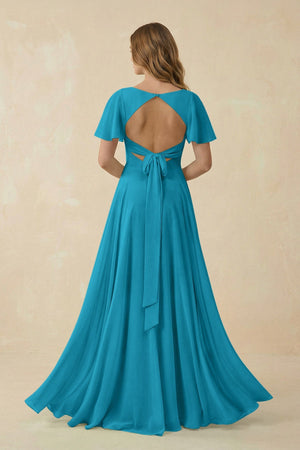 Flutter Sleeve V - Neck Chiffon A - Line Bridesmaid Dress in Blue Jay - KissProm Bridesmaid Dresses