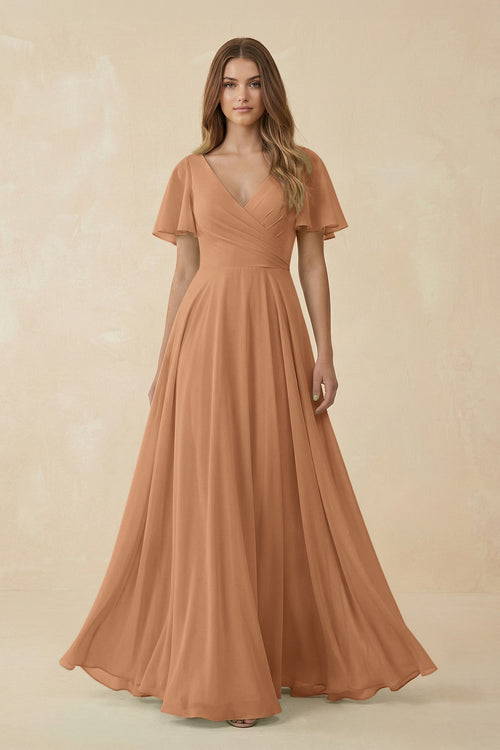 KissProm Flutter Sleeve V-Neck Chiffon A-Line Bridesmaid Dress in Bronzer, Bronzer / 30
