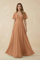 Flutter Sleeve V - Neck Chiffon A - Line Bridesmaid Dress in Bronzer - KissProm Bridesmaid Dresses