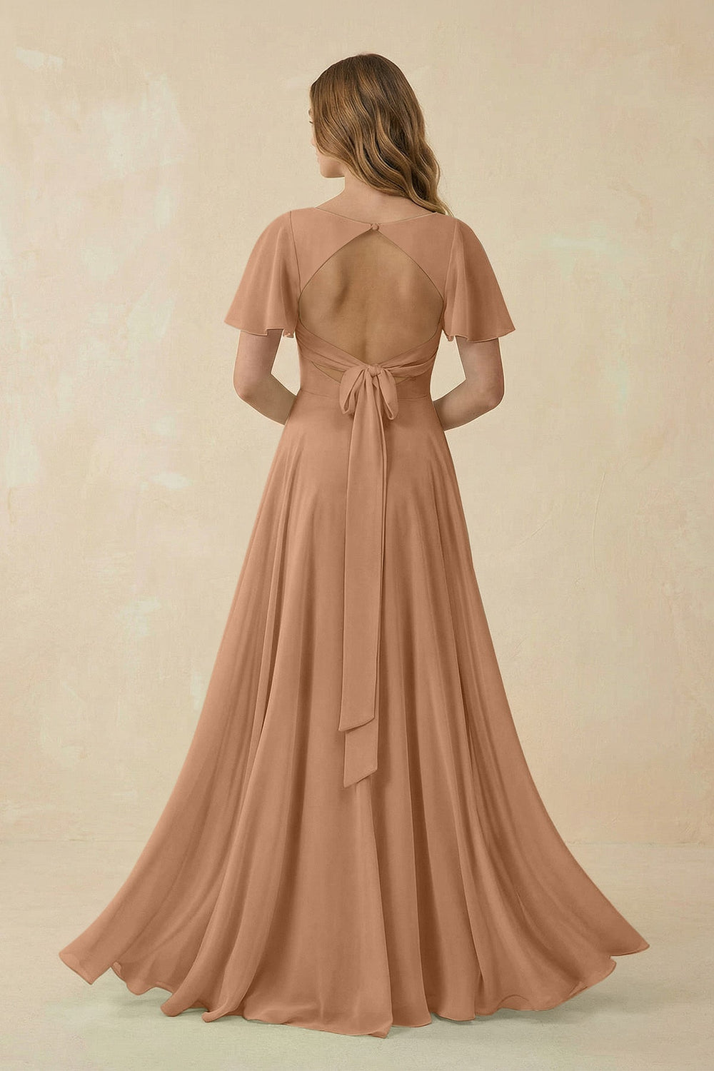 Flutter Sleeve V - Neck Chiffon A - Line Bridesmaid Dress in Bronzer - KissProm Bridesmaid Dresses
