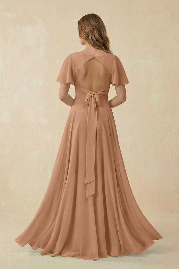 Flutter Sleeve V-Neck Chiffon A-Line Bridesmaid Dress in Bronzer, Bronzer / 2