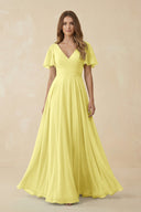 Flutter Sleeve V - Neck Chiffon A - Line Bridesmaid Dress in Buttercup - KissProm Bridesmaid Dresses