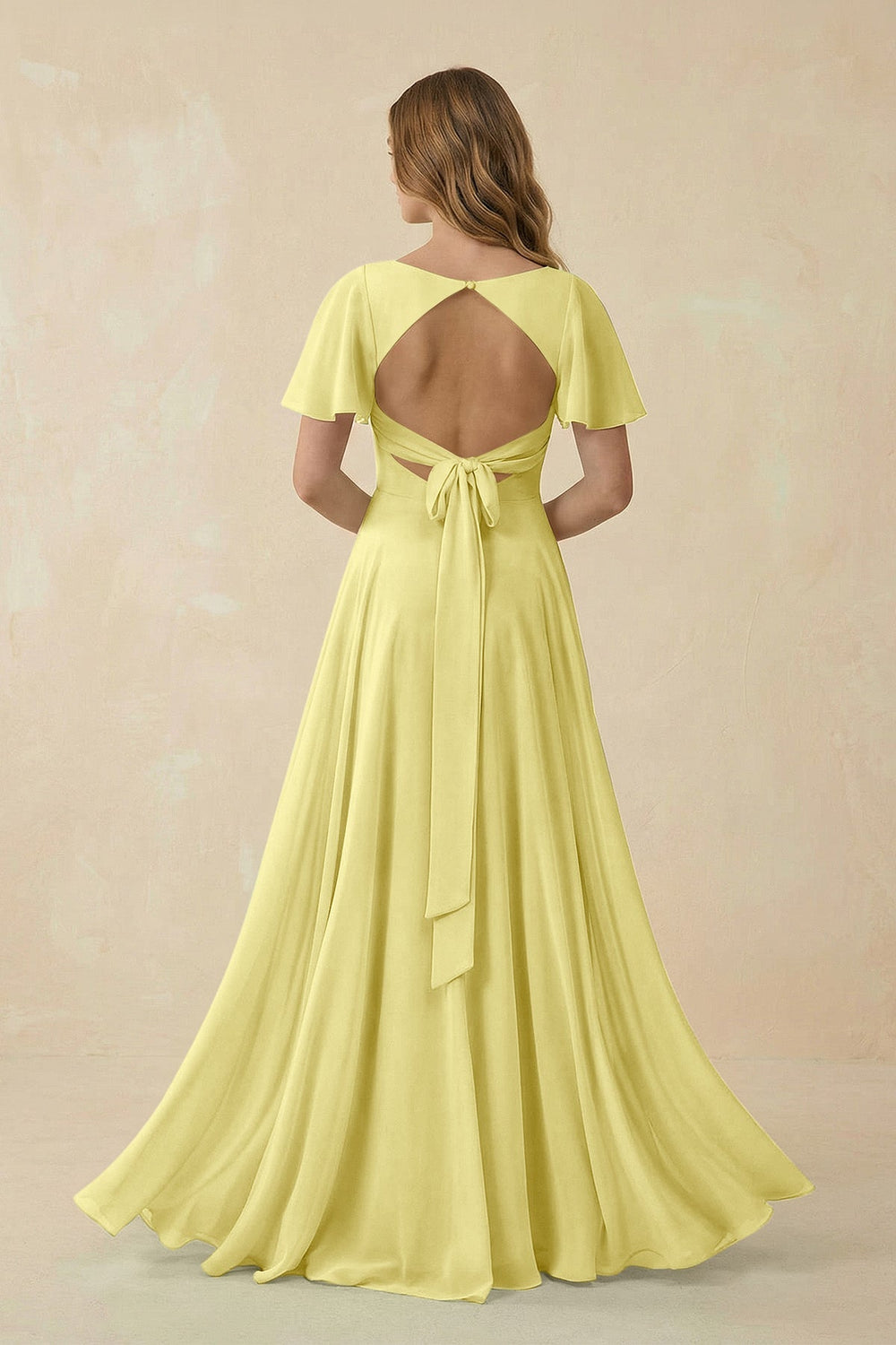 Flutter Sleeve V - Neck Chiffon A - Line Bridesmaid Dress in Buttercup - KissProm Bridesmaid Dresses