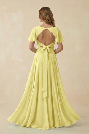 Flutter Sleeve V - Neck Chiffon A - Line Bridesmaid Dress in Buttercup - KissProm Bridesmaid Dresses