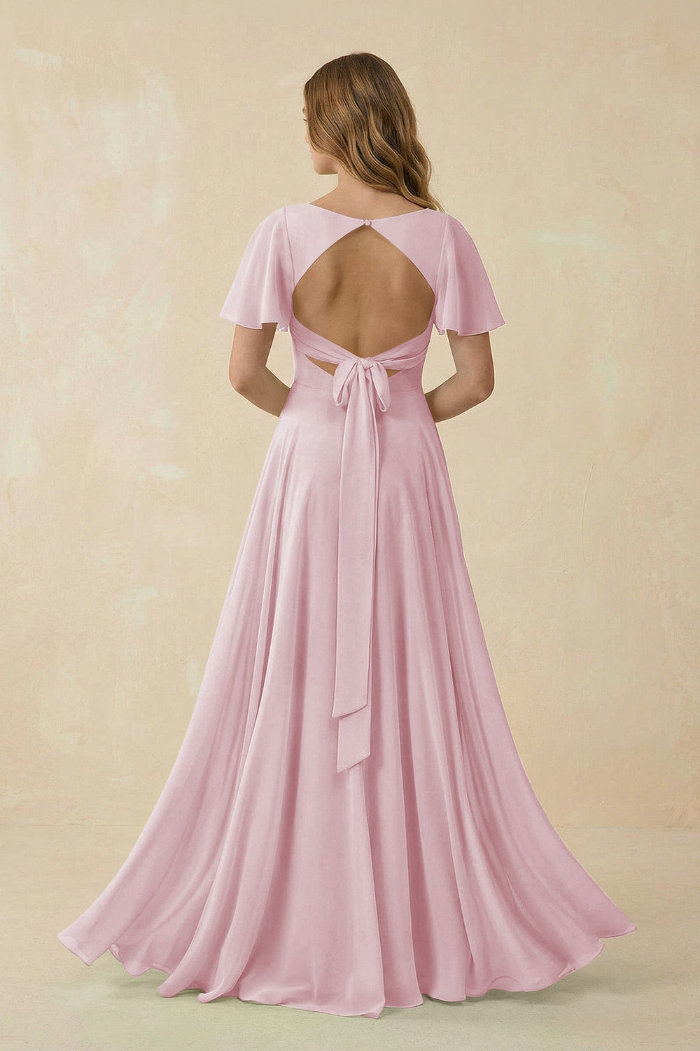 Flutter Sleeve V - Neck Chiffon A - Line Bridesmaid Dress in Candy Pink - KissProm Bridesmaid Dresses