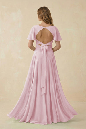 Flutter Sleeve V - Neck Chiffon A - Line Bridesmaid Dress in Candy Pink - KissProm Bridesmaid Dresses