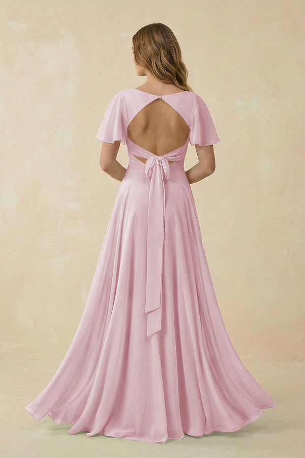 pink flutter sleeve dress Flutter Sleeve V-Neck Chiffon A-Line Bridesmaid Dress in Candy Pink