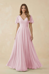 Flutter Sleeve V - Neck Chiffon A - Line Bridesmaid Dress in Candy Pink - KissProm Bridesmaid Dresses
