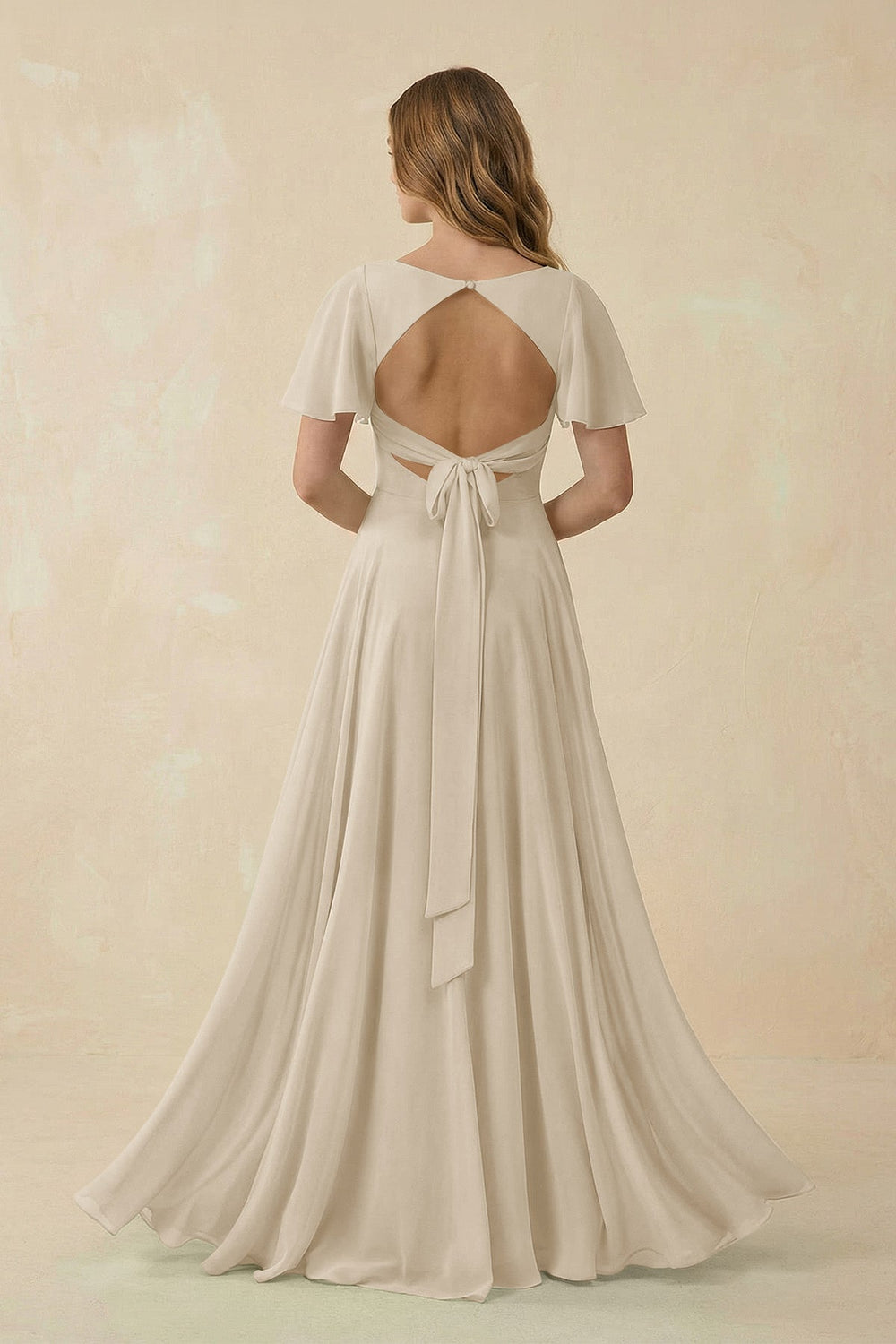 Flutter Sleeve V - Neck Chiffon A - Line Bridesmaid Dress in Champagne - KissProm Bridesmaid Dresses