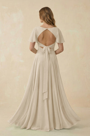 Flutter Sleeve V - Neck Chiffon A - Line Bridesmaid Dress in Champagne - KissProm Bridesmaid Dresses