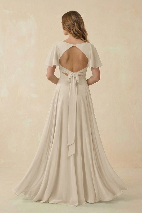 Flutter Sleeve V-Neck Chiffon A-Line Bridesmaid Dress in Champagne, Champagne / 28