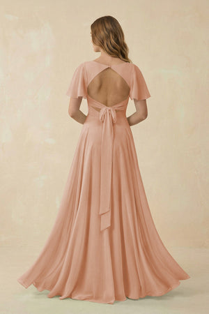 Flutter Sleeve V - Neck Chiffon A - Line Bridesmaid Dress in Champagne Rose - KissProm Bridesmaid Dresses