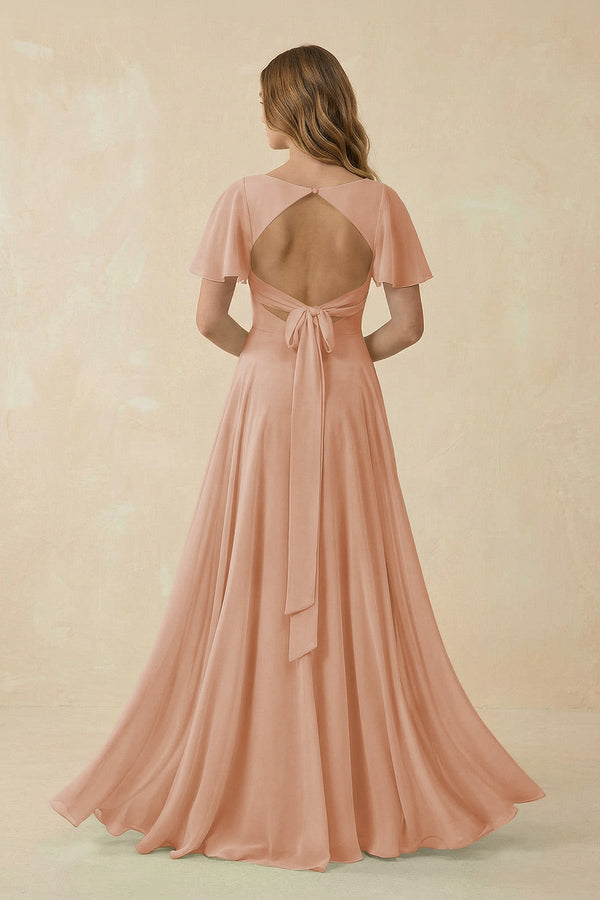 Flutter Sleeve V - Neck Chiffon A - Line Bridesmaid Dress in Champagne Rose - KissProm Bridesmaid Dresses