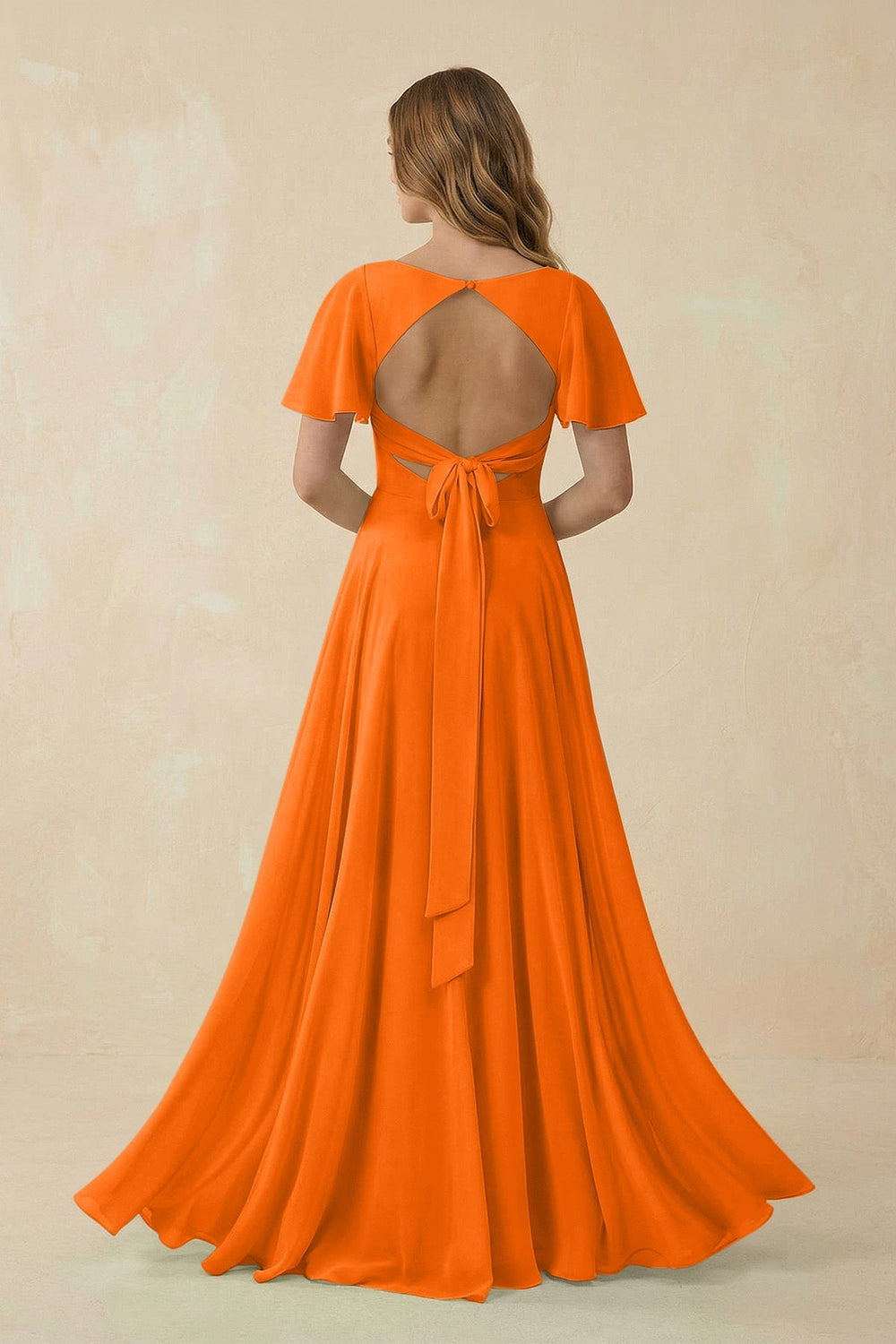 Flutter Sleeve V - Neck Chiffon A - Line Bridesmaid Dress in Cinnamon - KissProm Bridesmaid Dresses