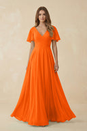 Flutter Sleeve V - Neck Chiffon A - Line Bridesmaid Dress in Cinnamon - KissProm Bridesmaid Dresses