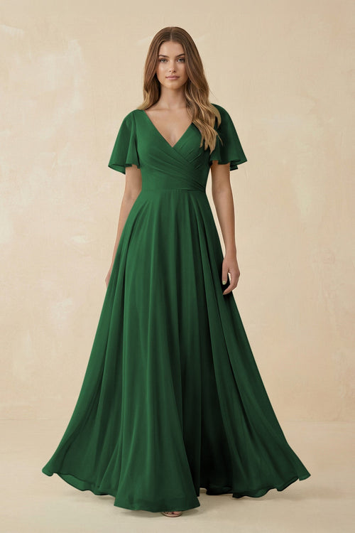 Flutter Sleeve V-Neck Chiffon A-Line Bridesmaid Dress in Dark Green, Dark Green / 22 Flutter Sleeve V-Neck Chiffon A-Line Bridesmaid Dress in Dark Green, Dark Green / 22