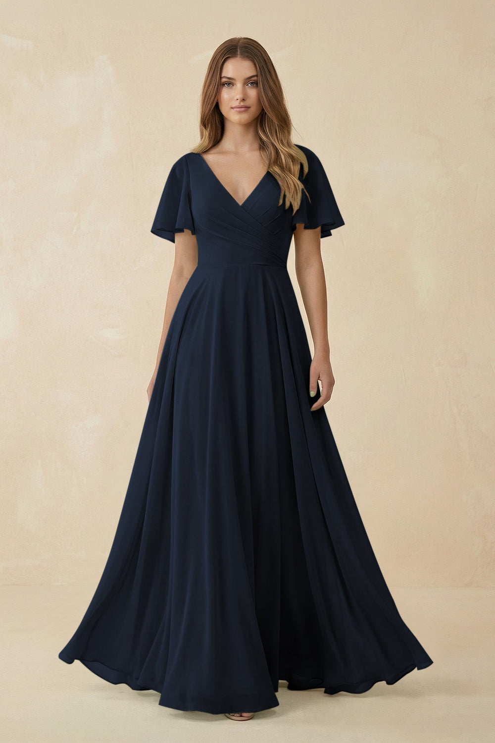 Flutter Sleeve V - Neck Chiffon A - Line Bridesmaid Dress in Dark Navy - KissProm Bridesmaid Dresses
