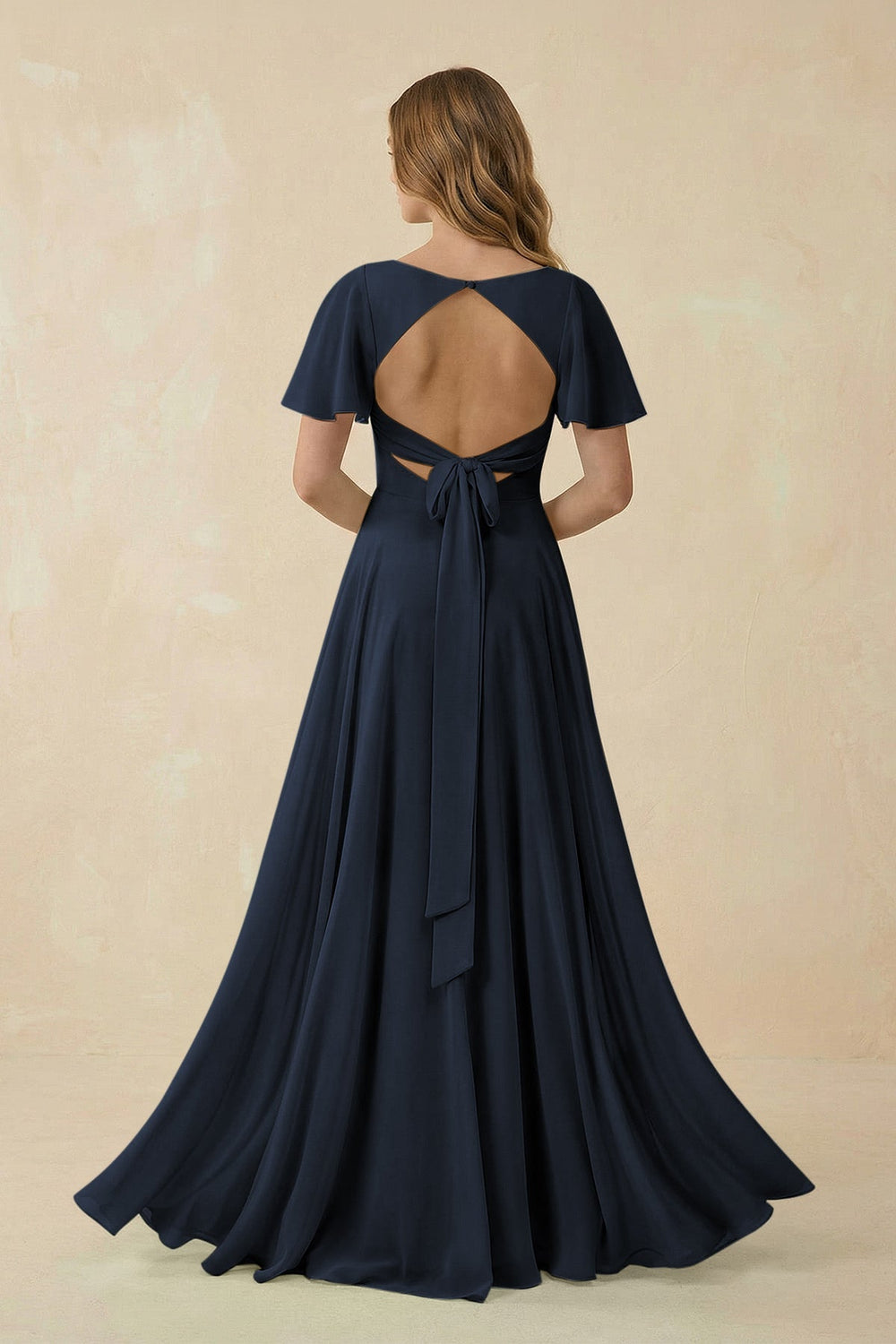 Flutter Sleeve V - Neck Chiffon A - Line Bridesmaid Dress in Dark Navy - KissProm Bridesmaid Dresses