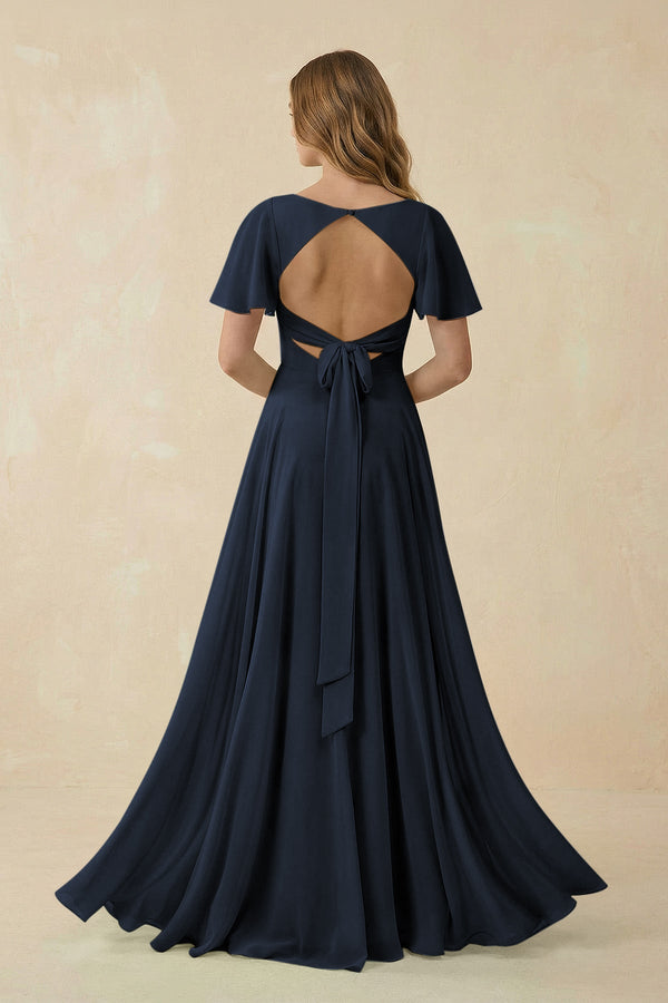 Flutter Sleeve V - Neck Chiffon A - Line Bridesmaid Dress in Dark Navy - KissProm Bridesmaid Dresses
