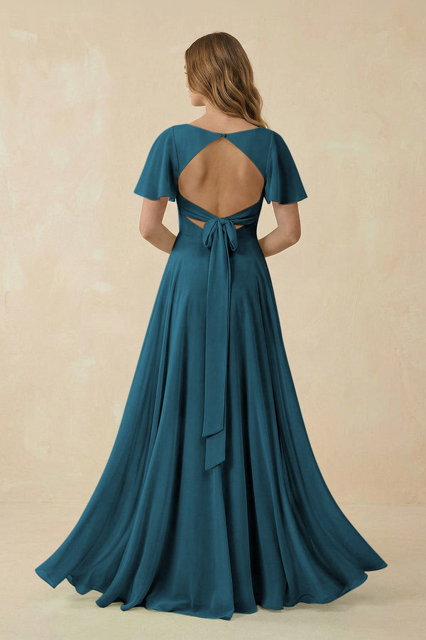 KissProm |Flutter Sleeve V-Neck Chiffon A-Line Bridesmaid Dress in Dark Teal