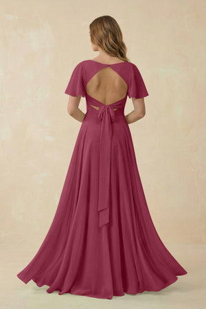 Flutter Sleeve V - Neck Chiffon A - Line Bridesmaid Dress in Desert Rose - KissProm Bridesmaid Dresses
