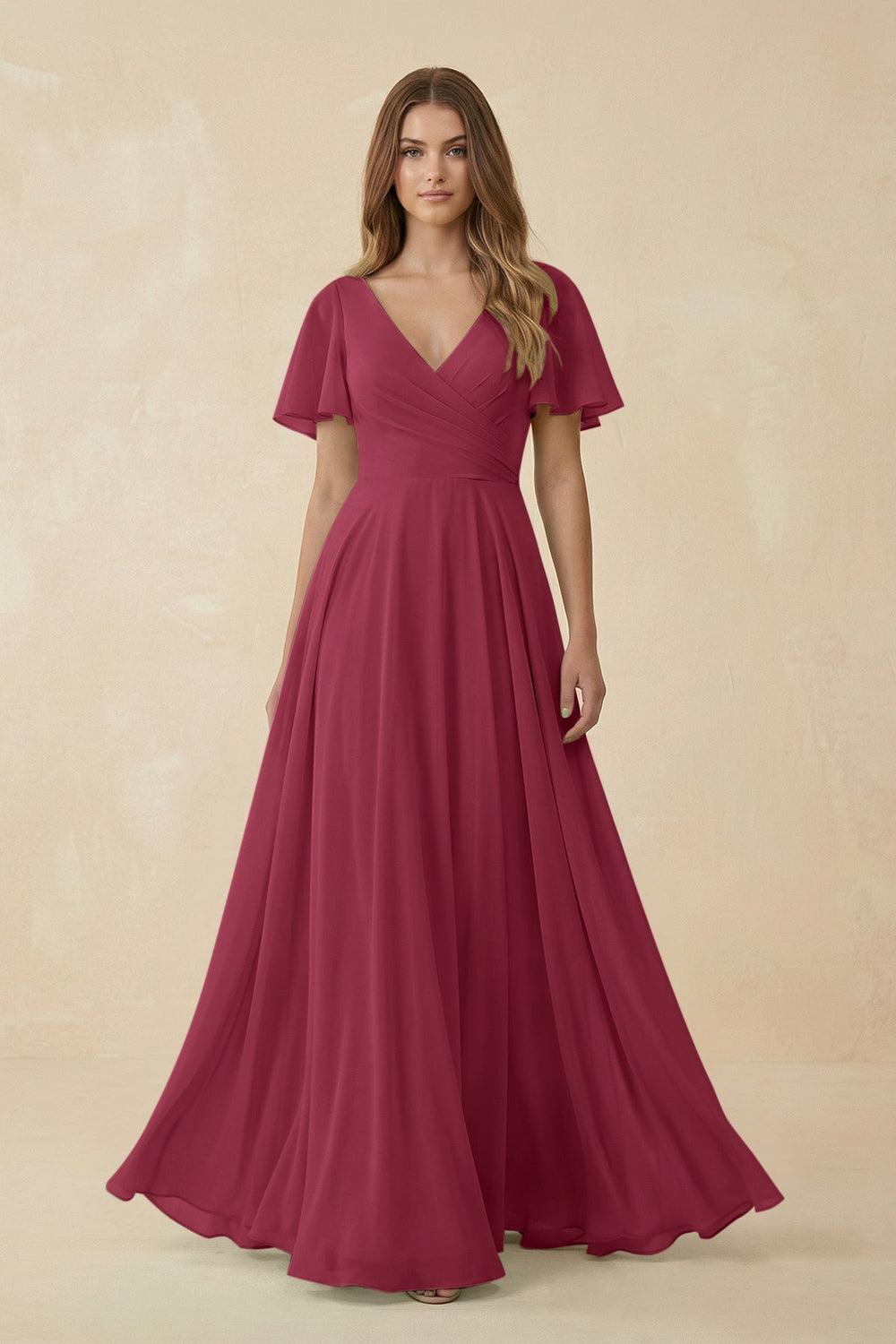 Flutter Sleeve V - Neck Chiffon A - Line Bridesmaid Dress in Desert Rose - KissProm Bridesmaid Dresses