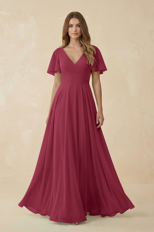 Flutter Sleeve V - Neck Chiffon A - Line Bridesmaid Dress in Desert Rose - KissProm Bridesmaid Dresses